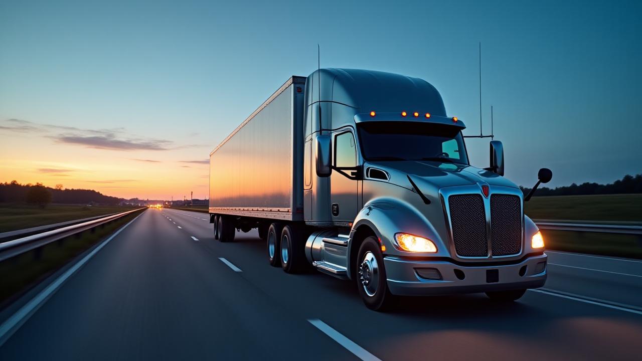 SK Trucking heavy hauler moving at dusk