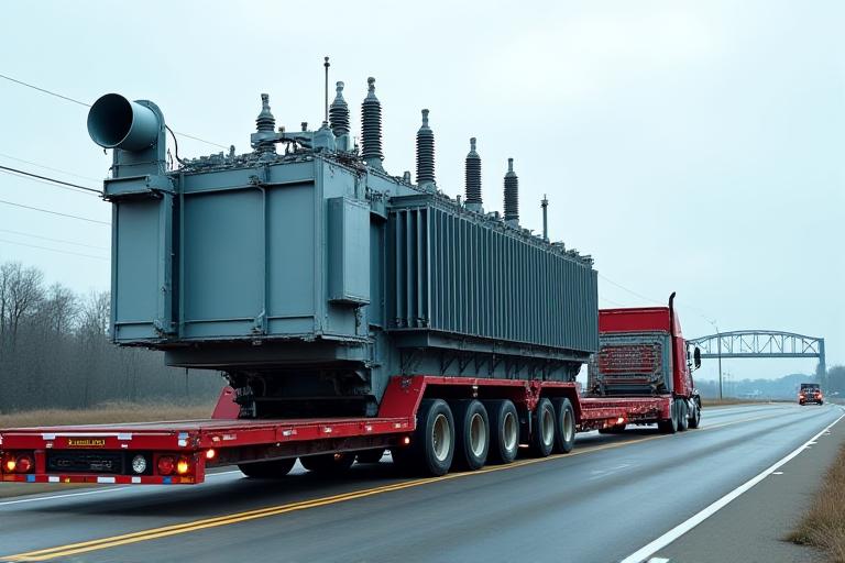 Large industrial transformer being transported on a multi-axle trailer